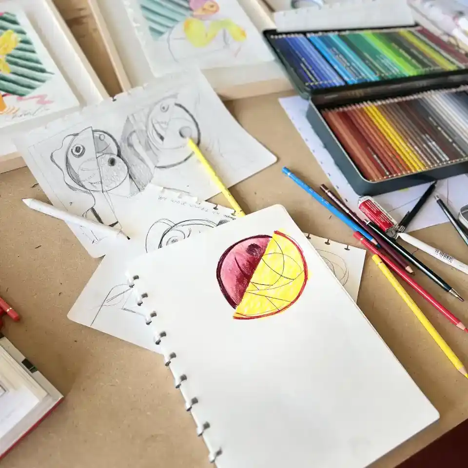 Fotot einer Kinderzeichnung mit Malutensilien auf dem Tisch - weLOFTart Malschule und Zeichenschule München